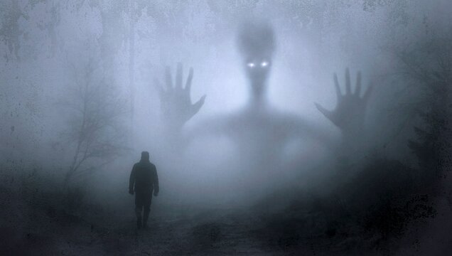 Scary Monster in Foggy Forest, horror scene with a man encountering a giant alien or ghost in the dark mist