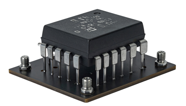 Electronic component, square form factor, mounted on circuit board - Powered by Adobe