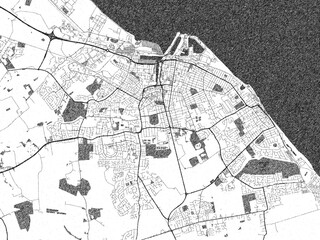 Poster-ready black and white illustration map of Grimsby, United Kingdom, detailed and artistic.