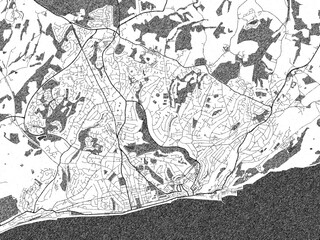 Black and white cartographic illustration of Hastings, United Kingdom, in hand-drawn sketch form.