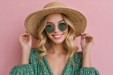 portrait of a beautiful, smiling blonde woman in a green dress and straw hat with sunglasses on a pink background