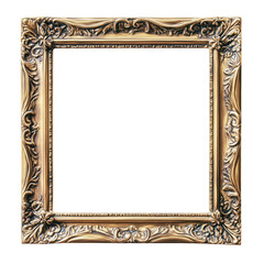 Ornate antique gold picture frame with intricate carvings and decorative flourishes isolated on transparent background