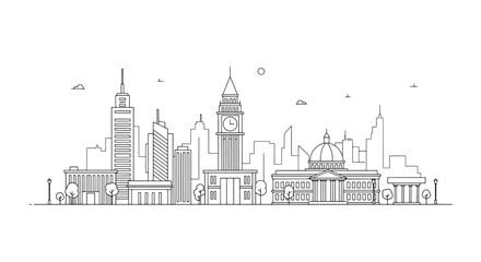 Obraz premium Linear city skyline illustration with tall tower landmarks and urban architectural features in minimal black line art.