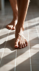 Obraz na płótnie Canvas Close-up of a man’s bare feet stepping on tiled floor with sunlight and shadows. 