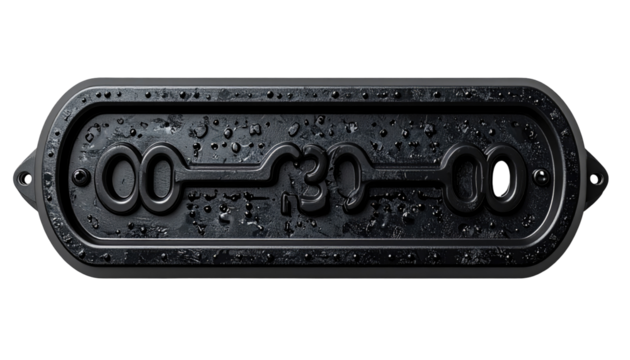 Dark, rectangular, embossed metal plate with water droplets