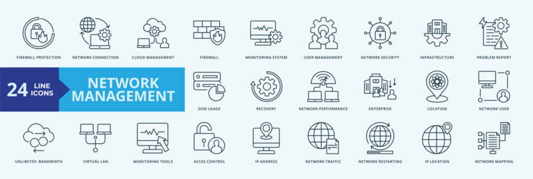 Network Management icon collection set with  firewall protection, network connection, cloud management, firewall, monitoring system