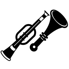 A simple black and white illustration of a vintage trumpet design
