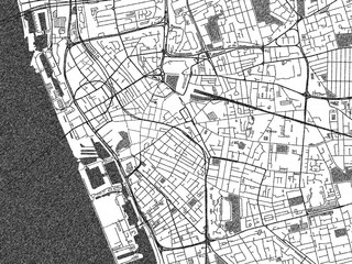 Artistic urban sketch of Liverpool Center, United Kingdom, detailed in black and white map form.