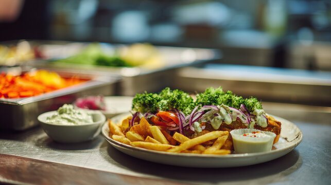 Delicious dish of crispy fried fish served with golden fries, garnished with fresh lettuce, sliced onions, and creamy sauce, placed on a rustic wooden table in a restaurant setting.