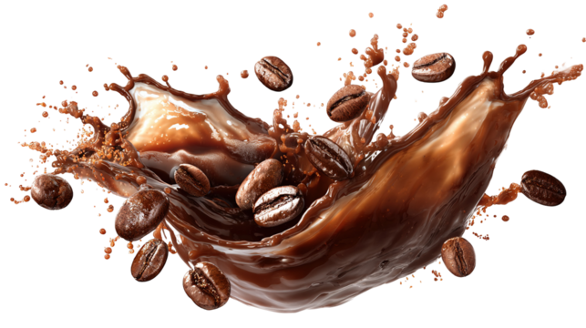 Coffee beans and splash of drink on brown gradient background