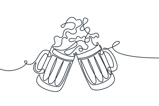 Vector continuous line illustration of two beer mugs with splash drinks. Design for bar pub menu, party banner or poster