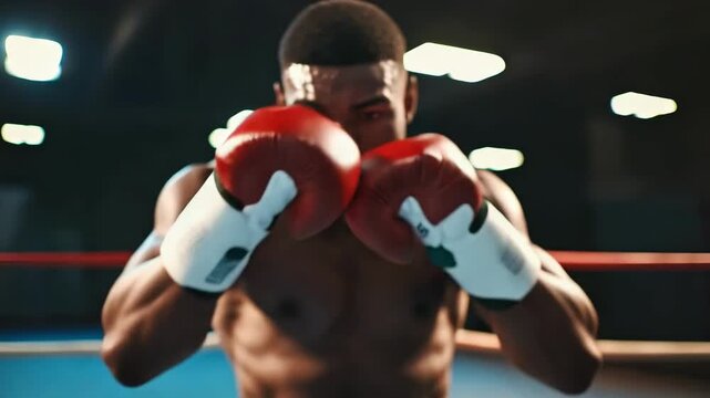 Close-up of a male boxer with red gloves, intense focus, in a boxing ring, ready to punch.