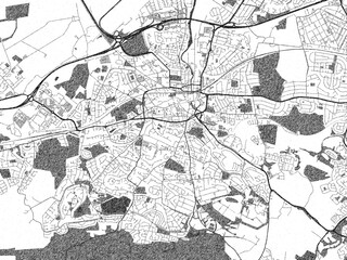 Black and white illustrated map of Paisley, United Kingdom, with streets, rivers, and neighborhoods.