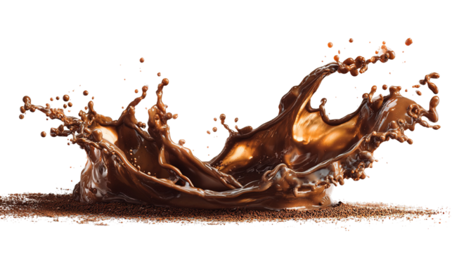 Coffee beans and splash of drink on brown gradient background