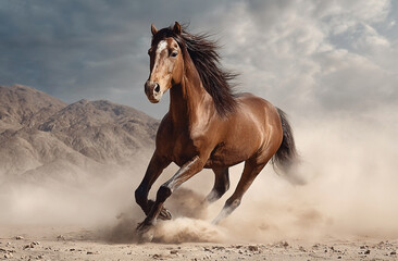 Dynamic chestnut horse gallops freely through a cloud of desert dust and sand