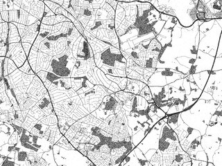 Minimalist monochrome city map of Solihull, United Kingdom, illustrated with urban detail.