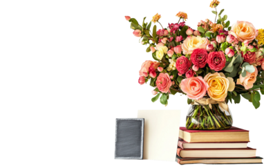 Realistic flower bouquet with thank you card and gift box showcasing celebration gratitude love and elegant decorative arrangement isolated on transparent background PNG