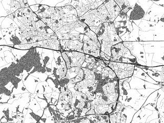 Illustrated city map of Telford, United Kingdom, in black and white, showing roads and textures.