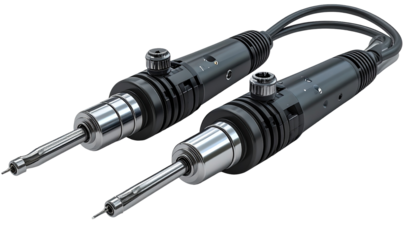 Close-up view of two precision tools with connected cables