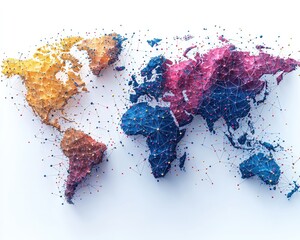 A 3D world map with interconnected points, showcasing global connections.  Color-coded continents