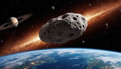 A large rock is falling from the sky towards the Earth