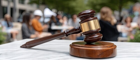 Gavel placed on a marble table while people engage in discussion during an outdoor legal symposium in a city setting on a sunny day