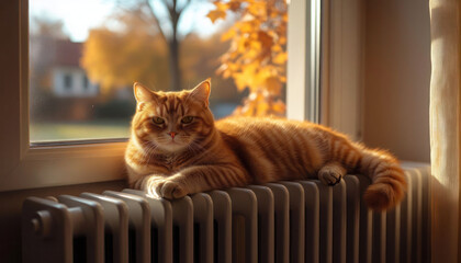 A cat is laying on a radiator in a window