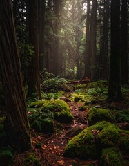 Lush forest floor bathed in soft sunlight