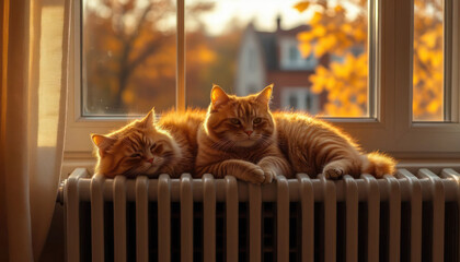Two orange cats are laying on a radiator