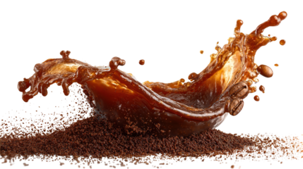 Coffee beans and splash of drink on brown gradient background