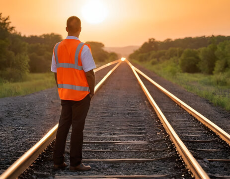 A man in an orange safety vest stands on a railroad track. The sun is setting in the background, casting a warm glow over the scene. The man is inspecting the tracks, man on railroad tracks