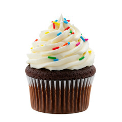 Perfectly baked dark chocolate cupcake, white cream cheese frosting, rainbow sprinkles, white liner, isolated on bright white background with copy space, Concept of sweet indulgence and culinary