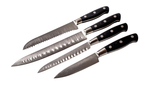 Gleaming trio of knives on a dark background, study in sharpness and culinary precision