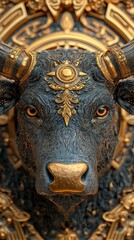 Majestic Stylized Bull Head in Ornate Golden Frame