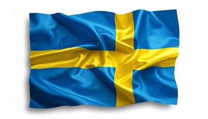 The flag of Sweden waving naturally fabric folds glowing yellow cross white background with shading
