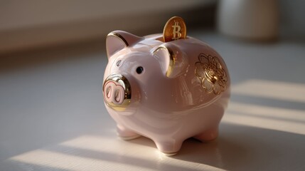 Pink piggy bank with golden accents, coin slot with Bitcoin symbol