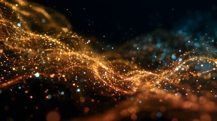 abstract glowing particles selective focus and bokeh effect on dark background. Futuristic glowing particles with depth of field and bokeh effect.