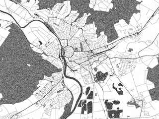Fototapeta premium Illustrated city map of Hameln, Germany, in black and white, showing roads and textures.