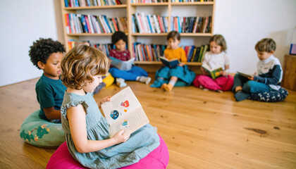 Children reading book in library sitting on cushion, diverse group of kids enjoying storytime in bright room with wooden floor and bookshelf, learning and education concept