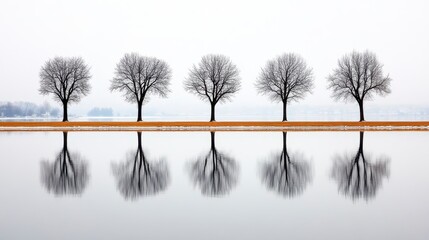 Five Trees Mirrored in Still Water A Serene Winter Landscape