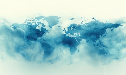 World map enveloped in a swirling, ethereal mist of light blue