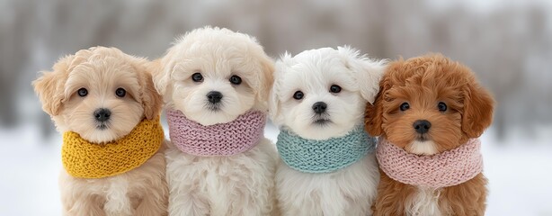 Pastel Pet Fashion Editorials Featuring Shiba Inu and Samoyed with Cherry Blossoms, Sunglasses, and Seasonal Outdoor Aesthetics – Adorable Fluffy Puppies in Colorful Knit Scarves on Snowy Day