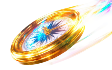 Realistic golden compass floating and spinning symbolizing navigation direction exploration and adventurous discovery in elegant detail isolated on transparent background PNG