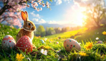 Easter bunny sitting on green grass with colorful decorated eggs and bright flowers under warm sunlight in spring garden