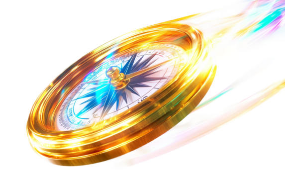 Realistic golden compass floating and spinning symbolizing navigation direction exploration and adventurous discovery in elegant detail isolated on transparent background PNG