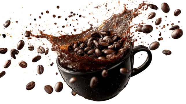Coffee beans and splash of drink on brown gradient background