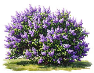 Obraz premium Vibrant lilac bush bursts with blossoms in a detailed illustration, showcasing spring's beauty against a plain white background.