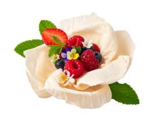 Spring Berry Crepe with Edible Flowers, Angled Composition, isolated