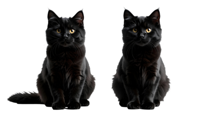 Two black cats sitting facing forward