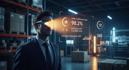 Futuristic concept of a businessman using AI-powered augmented reality glasses to overlay critical KPIs and performance metrics onto his field of view in a warehouse